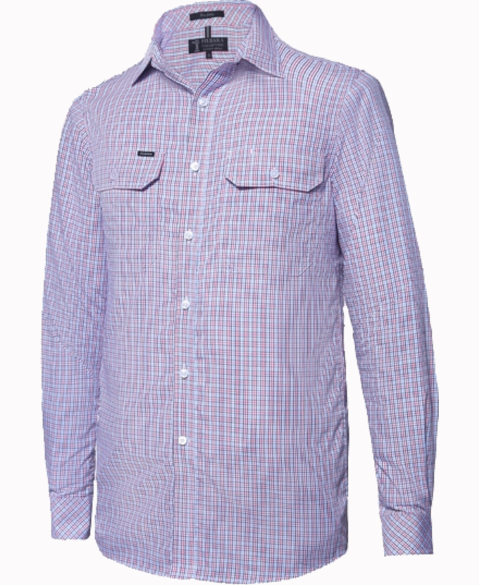 Pilbara (Mens) RMPC008 - Dual Pocket Long Sleeve Shirt (Red/Navy/White Small Check)