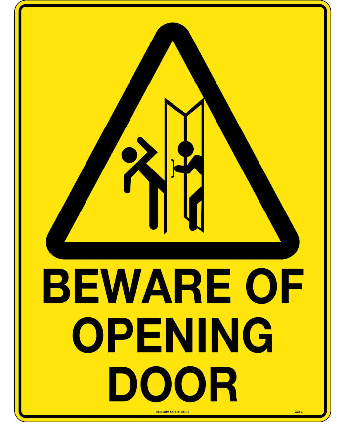 600x400mm - Metal - Caution Beware of Opening Door - Uniform Safety Signs
