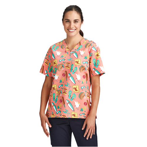 WORKWEAR, SAFETY & CORPORATE CLOTHING SPECIALISTS WOMENS CHRISTMAS S/S V-NECK SCRUB TOP-Coral-2XL