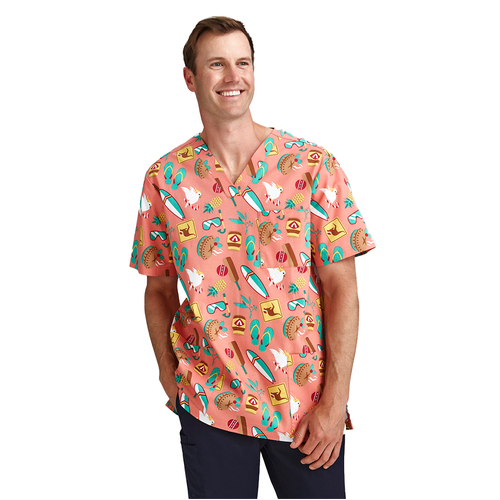 WORKWEAR, SAFETY & CORPORATE CLOTHING SPECIALISTS - MENS CHRISTMAS S/S V-NECK SCRUB TOP-Coral-2XL