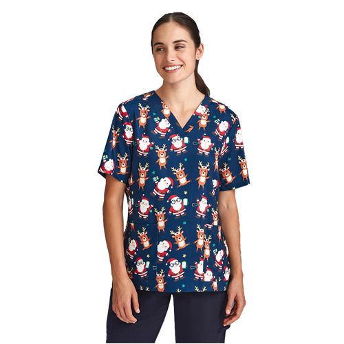 WORKWEAR, SAFETY & CORPORATE CLOTHING SPECIALISTS - WOMENS CHRISTMAS S/S V-NECK SCRUB TOP-Midnight Navy-2XL