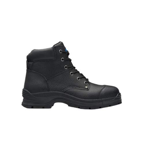 WORKWEAR, SAFETY & CORPORATE CLOTHING SPECIALISTS Black print leather lace up safety boot with padded collar and ¾ bellows tongue