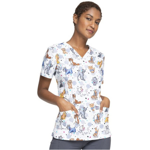 WORKWEAR, SAFETY & CORPORATE CLOTHING SPECIALISTS CHEROKEE V-Neck Print Top-Cats And Dogs-2XL