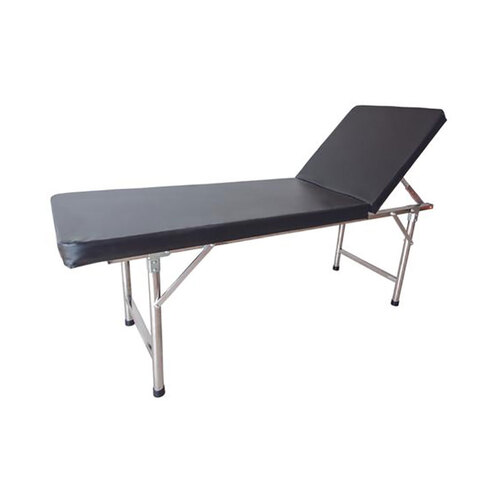 WORKWEAR, SAFETY & CORPORATE CLOTHING SPECIALISTS - EXAMINATION TABLE, STAINLESS STEEL FRAME, LEATHER UPHOLSTERED COUCH, ADJUSTABLE HEAD SECTION UP TO 70 DEGREES. - GST FREE