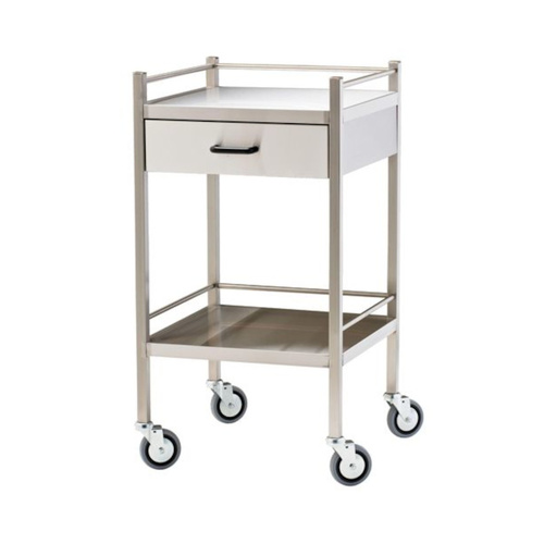 WORKWEAR, SAFETY & CORPORATE CLOTHING SPECIALISTS TROLLEY, STAINLESS STEEL CONSTRUCTION, 2 SHELVES WITH WHEELS AND PULL OUT DRAWER