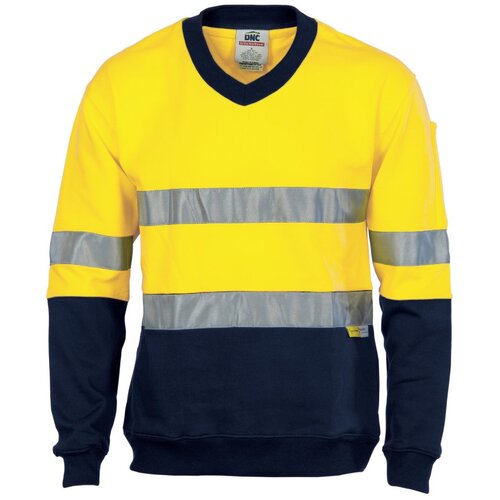 WORKWEAR, SAFETY & CORPORATE CLOTHING SPECIALISTS - HiVis Two Tone Cotton Fleecy Sweat Shirt V-Neck with 3M R/Tape