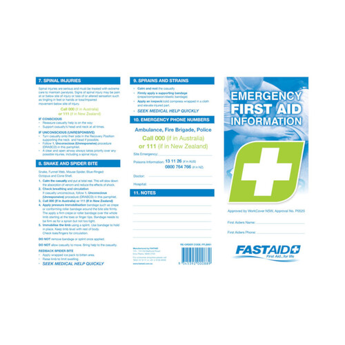 WORKWEAR, SAFETY & CORPORATE CLOTHING SPECIALISTS - EMERGENCY FIRST AID INFORMATION BOOKLET, BASIC, DL SIZE - SINGLE