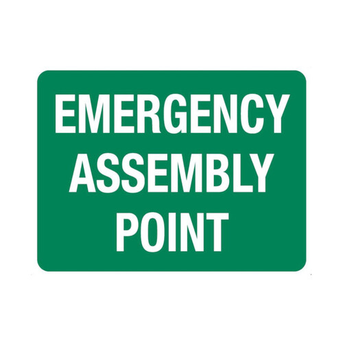 WORKWEAR, SAFETY & CORPORATE CLOTHING SPECIALISTS SIGN, EMERGENCY ASSEMBLY POINT, 600 X 450MM, POLY