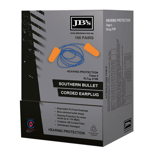 WORKWEAR, SAFETY & CORPORATE CLOTHING SPECIALISTS - JB's SOUTHERN BULLET CORDED EARPLUG (100 PAIR)