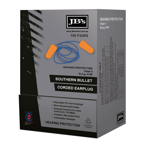 WORKWEAR, SAFETY & CORPORATE CLOTHING SPECIALISTS JB's SOUTHERN BULLET CORDED EARPLUG (100 PAIR)