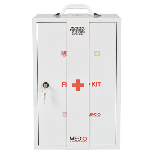 WORKWEAR, SAFETY & CORPORATE CLOTHING SPECIALISTS MEDIQ ESSENTIAL FIRST AID KIT WORKPLACE RESPONSE IN WHITE METAL WALL CABINET 1-25 PERSONS HIGH RISK