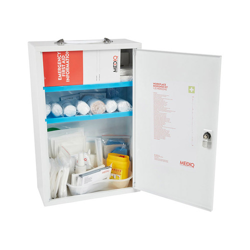 WORKWEAR, SAFETY & CORPORATE CLOTHING SPECIALISTS - MEDIQ ESSENTIAL FIRST AID KIT WORKPLACE RESPONSE IN WHITE METAL WALL CABINET LOW RISK 1-25 PERONS