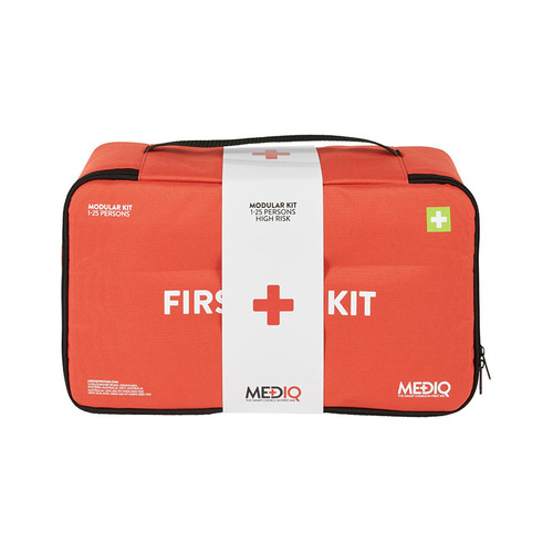 WORKWEAR, SAFETY & CORPORATE CLOTHING SPECIALISTS MEDIQ 5 x INCIDENT READY FIRST AID KIT IN ORANGE SOFT PACK 1-25 PERSONS HIGH RISK