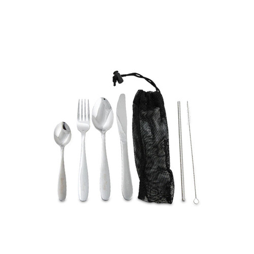 WORKWEAR, SAFETY & CORPORATE CLOTHING SPECIALISTS - 6pce • S/STEEL CUTLERY SET IN MESH BAG • KNF/FK/TBS/TSP/STRAW & BRUSH