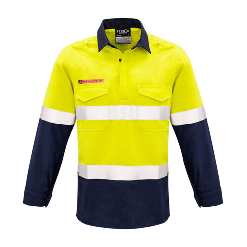 WORKWEAR, SAFETY & CORPORATE CLOTHING SPECIALISTS Mens Red Flame Hi Vis Closed Front Shirt - Hoop Taped