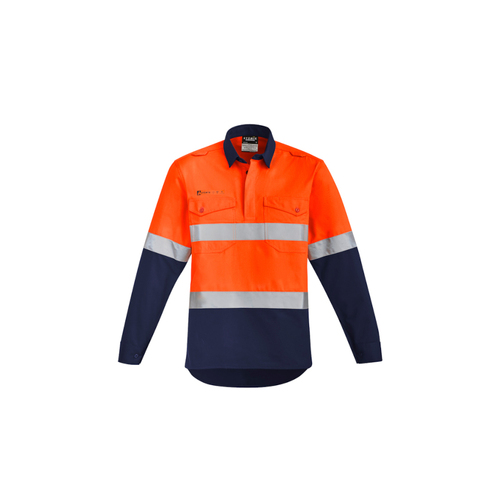 WORKWEAR, SAFETY & CORPORATE CLOTHING SPECIALISTS - Mens Orange Flame Hi Vis Closed Front Shirt - Hoop Taped