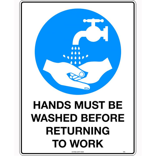 WORKWEAR, SAFETY & CORPORATE CLOTHING SPECIALISTS - 200mm Disc - Self Adhesive - Hands Must be Washed Pictogram
