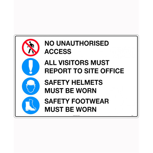 WORKWEAR, SAFETY & CORPORATE CLOTHING SPECIALISTS 900x600mm - Corflute - No Unauthorised Access / All Visitors Must Report To Site Office / Safety Hel