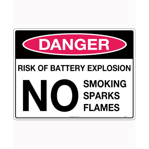 WORKWEAR, SAFETY & CORPORATE CLOTHING SPECIALISTS - 240x180mm - Self Adhesive - Danger Risk of Battery Explosion No Smoking Sparks Flames