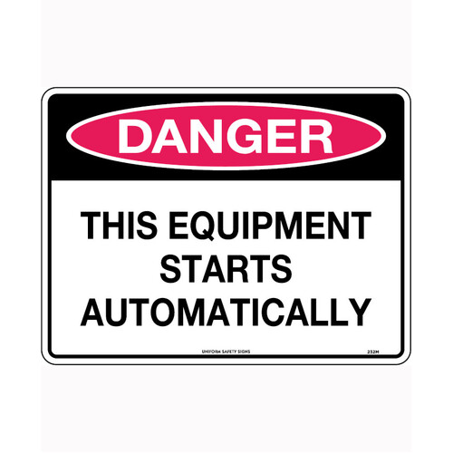 WORKWEAR, SAFETY & CORPORATE CLOTHING SPECIALISTS 130x95mm - Self Adhesive - Pkt 5 - Danger This Equipment Starts Automatically