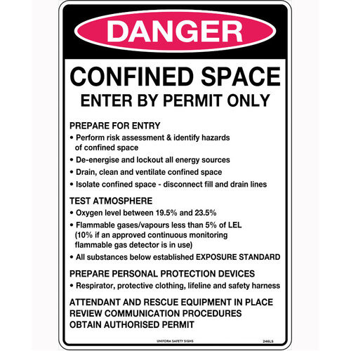 WORKWEAR, SAFETY & CORPORATE CLOTHING SPECIALISTS 450x300mm - Metal - Danger Confined Space Enter by Permit Only Prepare for Entry etc.