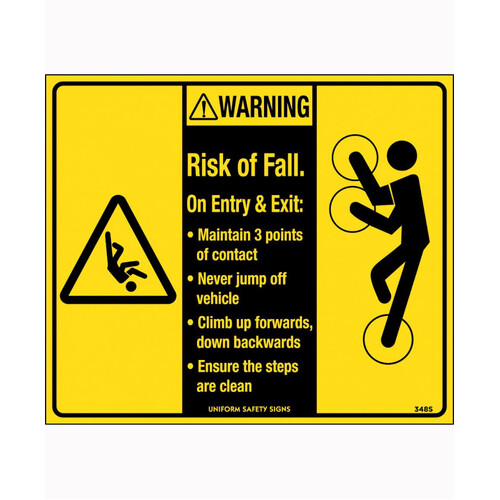 WORKWEAR, SAFETY & CORPORATE CLOTHING SPECIALISTS - 140x120mm - Self Adhesive - Packet of 4 - Warning Risk Of Fall on Exit or Entry Maintain 3 Points of