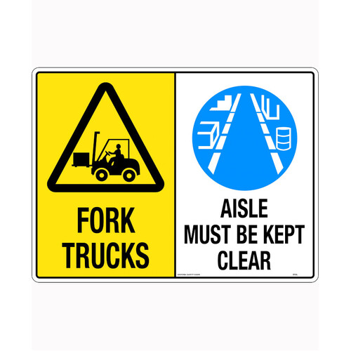 WORKWEAR, SAFETY & CORPORATE CLOTHING SPECIALISTS 600x400mm - Metal - Multi Sign - Fork Trucks/Aisle Must Be Kept Clear