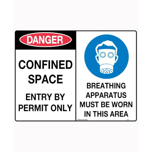 WORKWEAR, SAFETY & CORPORATE CLOTHING SPECIALISTS 450x300mm - Metal - Multi Sign - Danger Confined Space Entry By Permit Only/Breathing Apparatus Must