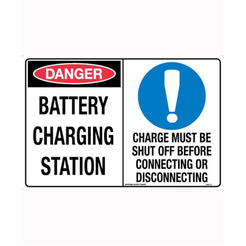 WORKWEAR, SAFETY & CORPORATE CLOTHING SPECIALISTS - 450x300mm - Metal - Danger Battery Charging Station / Charge Must Be Shut Off Before Connecting or D