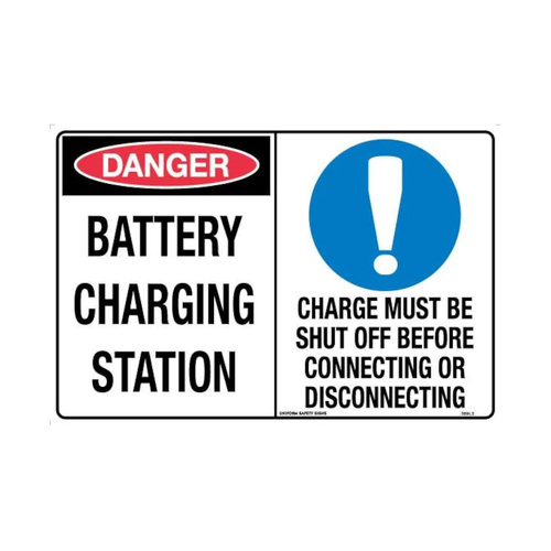WORKWEAR, SAFETY & CORPORATE CLOTHING SPECIALISTS 300x225mm - Metal - Danger Battery Charging Station / Charge Must Be Shut Off Before Connecting or Disconnecting