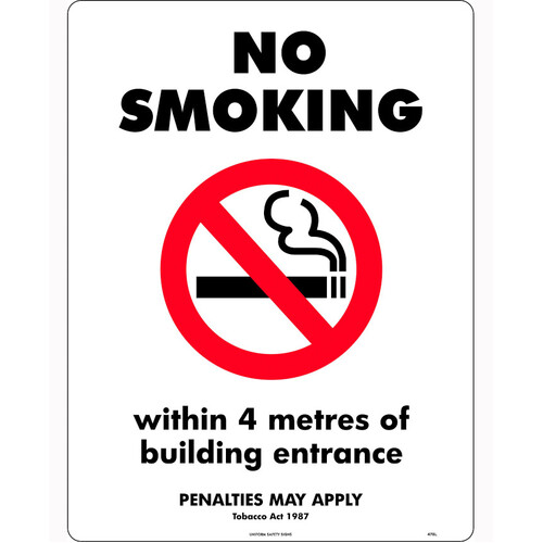 WORKWEAR, SAFETY & CORPORATE CLOTHING SPECIALISTS 450x300mm - Metal - No Smoking, Within 4 Metres Of Building Entrance (Penalties May Apply) Tobacco A