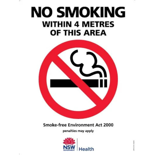 WORKWEAR, SAFETY & CORPORATE CLOTHING SPECIALISTS 450x300mm - Metal - No Smoking Within 4 Metres of This Area (NSW Standard)