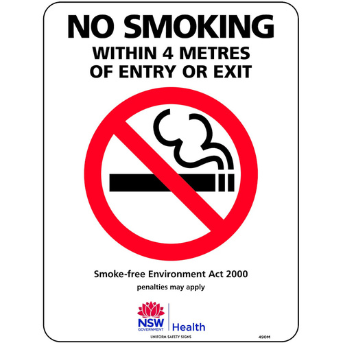 WORKWEAR, SAFETY & CORPORATE CLOTHING SPECIALISTS 450x300mm - Metal - No Smoking Within 4 Metres of Entry or Exit (NSW Standard)