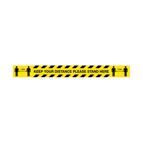 WORKWEAR, SAFETY & CORPORATE CLOTHING SPECIALISTS DISCONTINUED - 1500x150mm - Anti Slip Floor Graphics - Carpet - Keep Your Distance, Please Stand Here (Blk/Ylw with 1.5mtr picto)