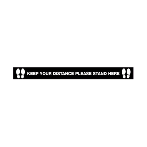 WORKWEAR, SAFETY & CORPORATE CLOTHING SPECIALISTS DISCONTINUED - 1500x150mm - Anti Slip Floor Graphics - Carpet - Keep Your Distance, Please Stand Here (Blk/Wht with feet picto)