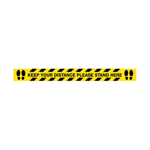 WORKWEAR, SAFETY & CORPORATE CLOTHING SPECIALISTS DISCONTINUED - 1500x150mm - Anti Slip Floor Graphics - Carpet - Keep Your Distance, Please Stand Here (Blk/Ylw with feet picto)