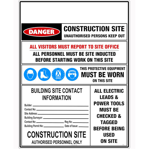 WORKWEAR, SAFETY & CORPORATE CLOTHING SPECIALISTS 1200x900mm - Metal - Construction Site Safety Requirements  [With Building Site Contact Information]