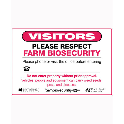 WORKWEAR, SAFETY & CORPORATE CLOTHING SPECIALISTS 900x600mm - Metal - Visitors Please Respect Farm Biosecurity