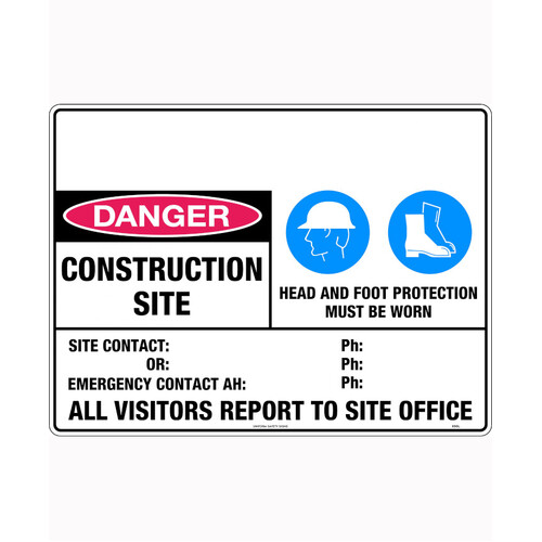 WORKWEAR, SAFETY & CORPORATE CLOTHING SPECIALISTS 600x400mm - Metal - Danger Construction Site Head and Foot Protection Must Be Worn Etc.