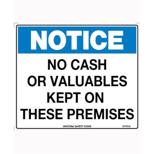 WORKWEAR, SAFETY & CORPORATE CLOTHING SPECIALISTS - 140x120mm - Self Adhesive - Packet of 4 - Notice No Cash or Valuables Kept on These Premises