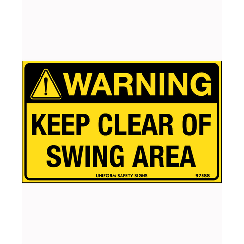 WORKWEAR, SAFETY & CORPORATE CLOTHING SPECIALISTS - 90x55mm - Self Adhesive - Sheet of 10 - Warning Keep Clear of Swing Area