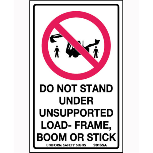 WORKWEAR, SAFETY & CORPORATE CLOTHING SPECIALISTS - 90x55mm - Self Adhesive - Sheet of 10 - Do Not Stand Under Unsupported Load-Frame, Boom or Stick