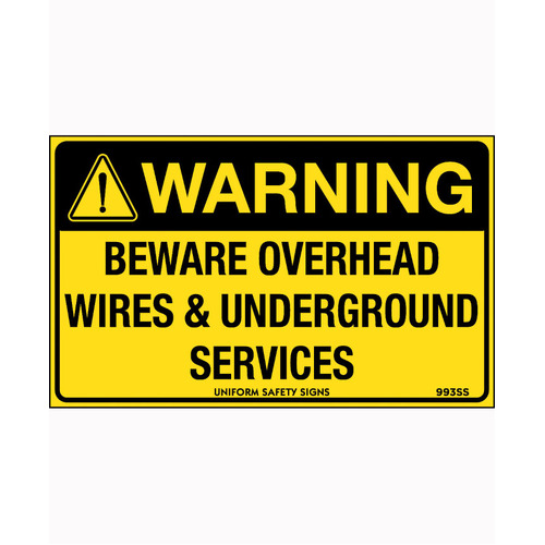 WORKWEAR, SAFETY & CORPORATE CLOTHING SPECIALISTS 90x55mm - Self Adhesive - Sheet of 10 - Warning Beware Overhead Wires and Underground Services