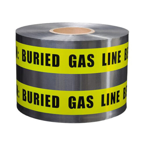 WORKWEAR, SAFETY & CORPORATE CLOTHING SPECIALISTS - 100mm x 250mtr - Detectable Underground Barrier Tape - (Black on Yellow) Danger Gas Main Below