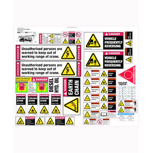 WORKWEAR, SAFETY & CORPORATE CLOTHING SPECIALISTS 580x730mm - Machinery Sticker Sets - Articulated Crane (39 decals per sheet)