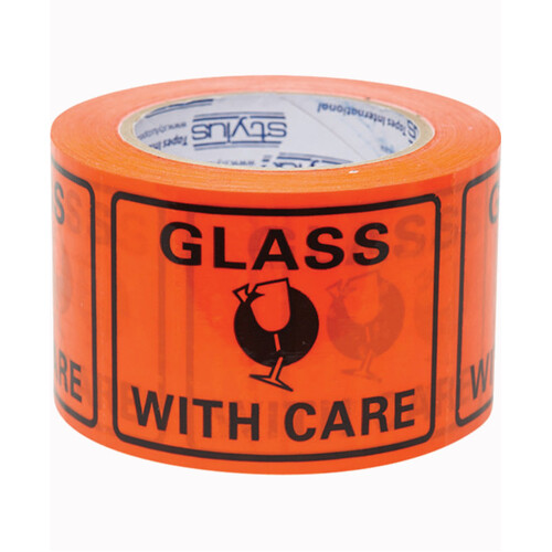 WORKWEAR, SAFETY & CORPORATE CLOTHING SPECIALISTS 100x75mm Perforated Packaging Labels - Glass With Care (roll 500)