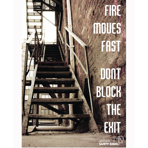 WORKWEAR, SAFETY & CORPORATE CLOTHING SPECIALISTS - A3 Laminated Safety Poster - Fire Moves Fast, Don't Block the Exit