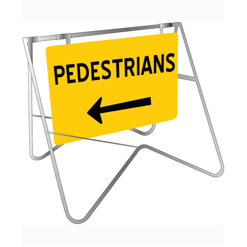 WORKWEAR, SAFETY & CORPORATE CLOTHING SPECIALISTS - 900x600mm - Swing Stand and Sign - Pedestrians (Left Arrow)