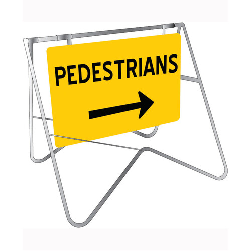 WORKWEAR, SAFETY & CORPORATE CLOTHING SPECIALISTS - 900x600mm - Swing Stand and Sign - Pedestrians (Right Arrow)