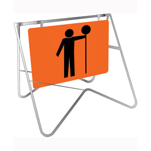 WORKWEAR, SAFETY & CORPORATE CLOTHING SPECIALISTS 900x600mm - Swing Stand and Sign - Symbolic Stop/Slow Man